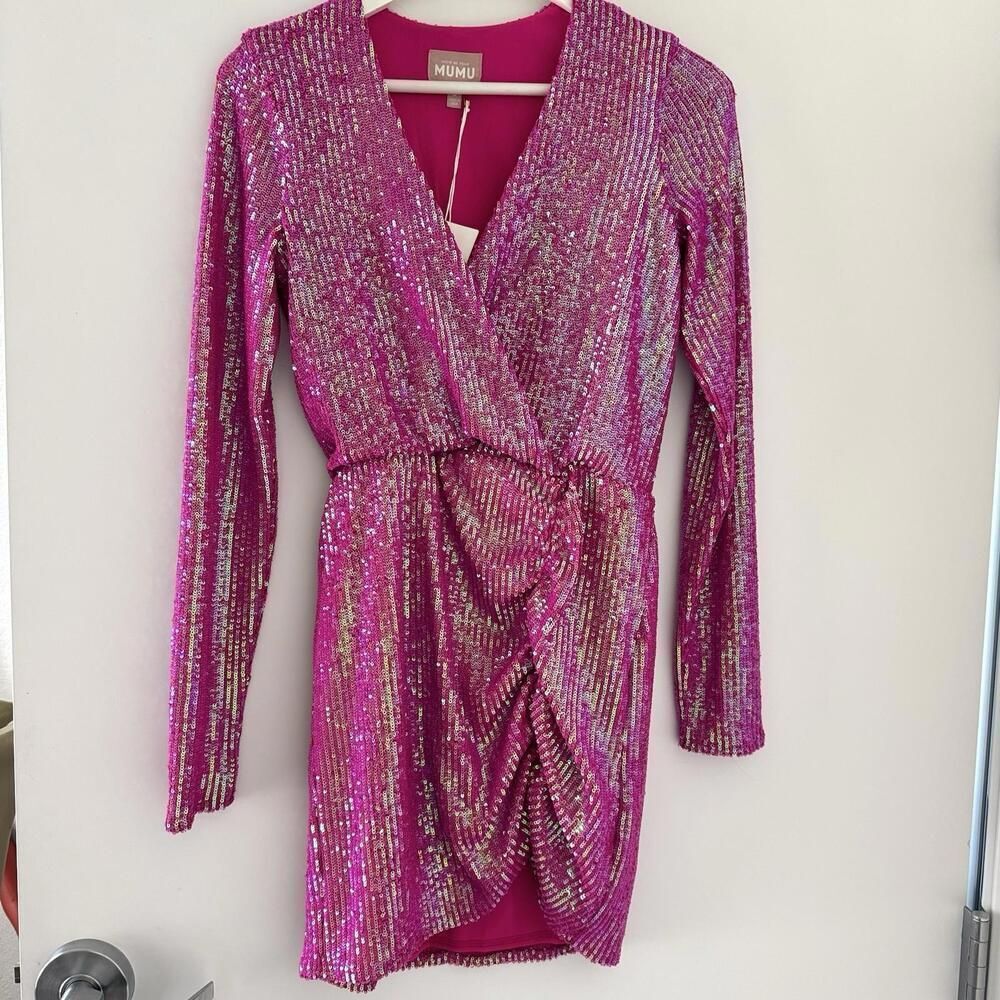 New Show Me Your MuMu Party Hop Dress Pink Sequin Mini Long Sleeve Ruched Small